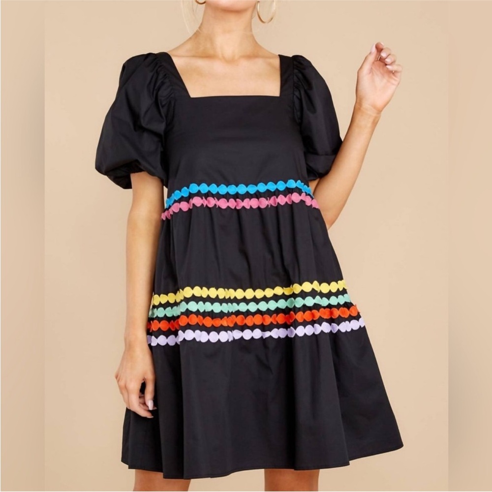 CROSBY by Mollie Burch Black Puff Sleeve Dress with Rainbow Trim
